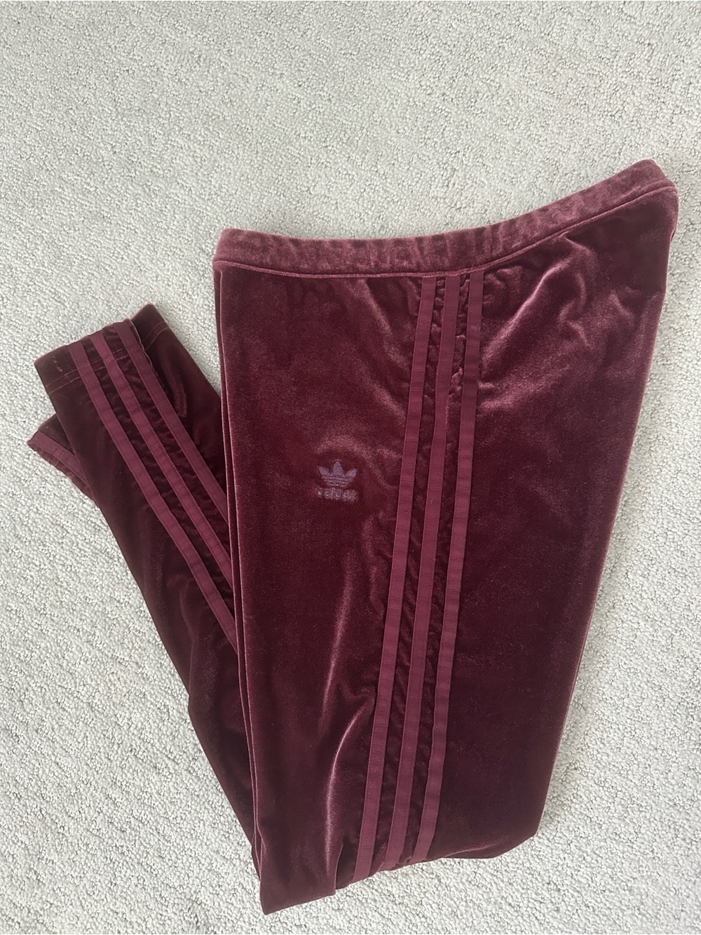 adidas Kids Burgundy Velour Joggers with Side Stripes